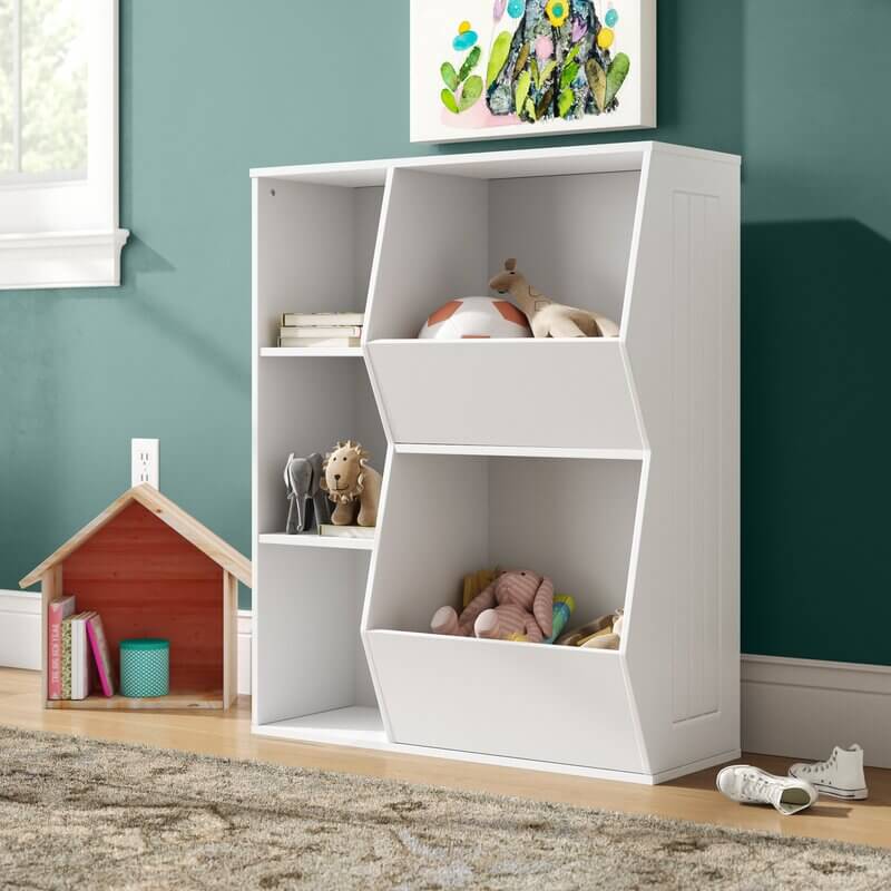 Wooden Bookshelf with buckets and three shelves.